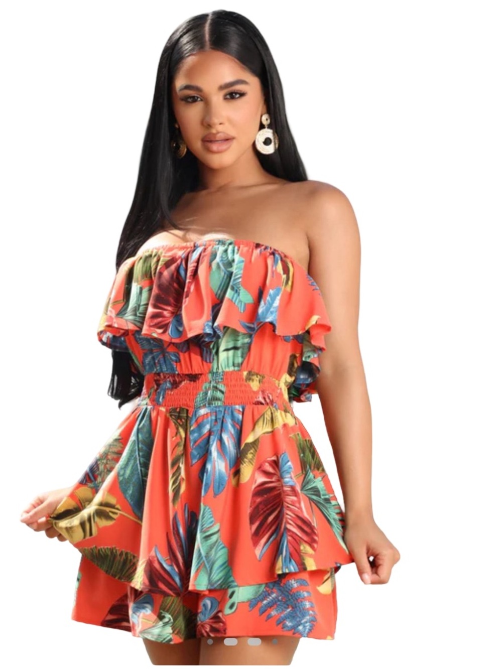 Fashion Nova Coral and Blue Strapless Ruffle Romper